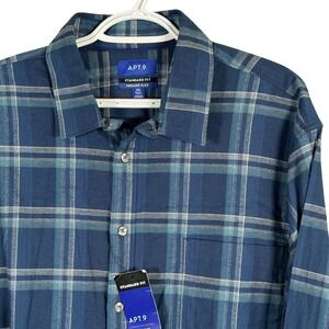 Apt 9 Premier Flex Shirt Flannel Plaid Standard Fit Button Up Mens 3XL Tall Blue